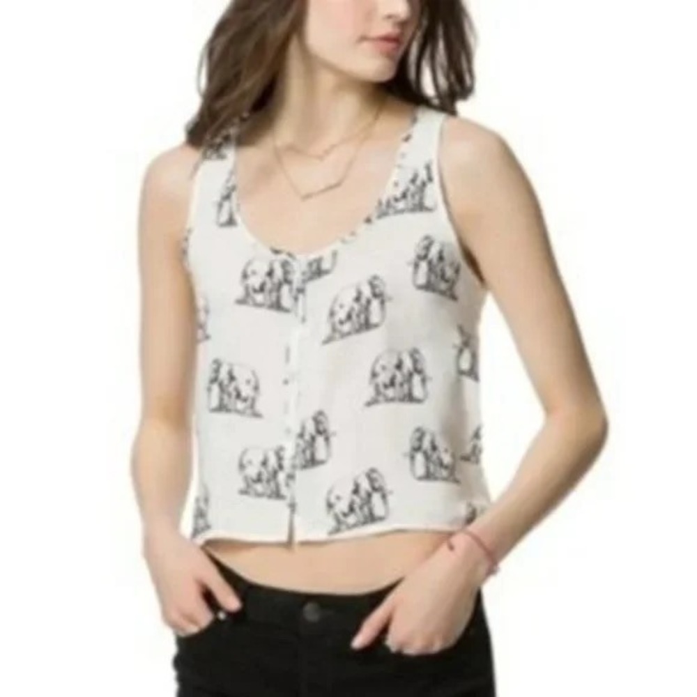 Aeropostale Womens XL Elephant Print Button Front Cropped Tank Top White Black